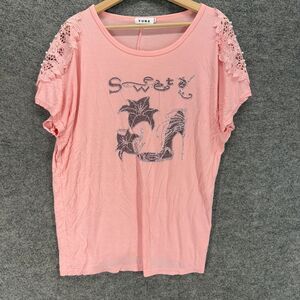 Yuna T-Shirt Women L/XL Pink Floral Rhinestone Short Sleeve Round Neck Cotton